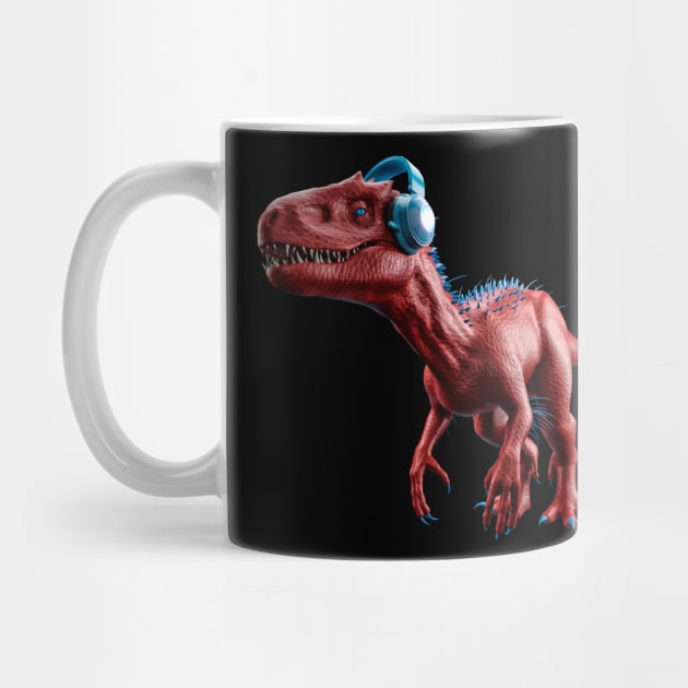 red and blue tyrannosaurus rex t-rext earing music with phones by Nekron